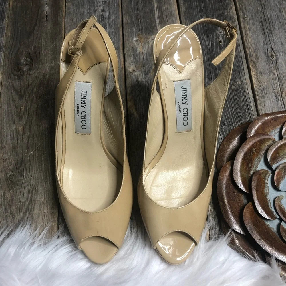Jimmy Choo Beige Patent Leather Peep-Toe Slingback Heels